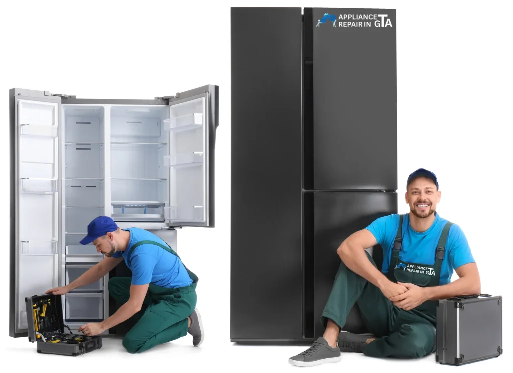 Technician repairing refrigerator compressor in Toronto home.