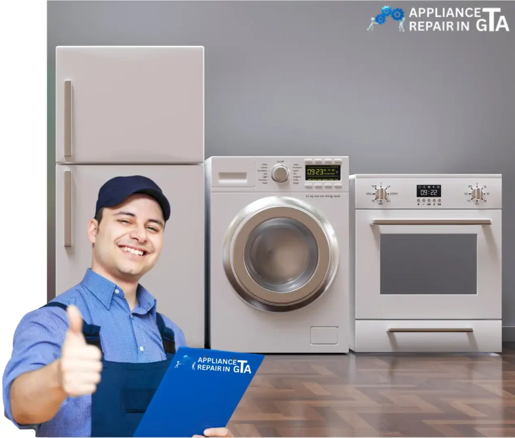 Certified appliance repair technician in Toronto standing beside washer and fridge