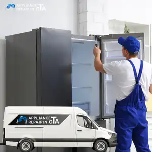 Appliance repair van and technician inspecting refrigerator at Toronto residence.