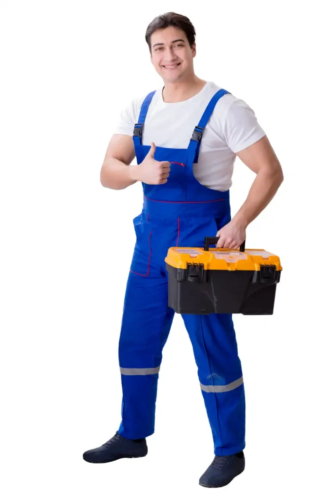 Happy Richmond Hill appliance repair Technician giving thumbs up while holding toolbox.
