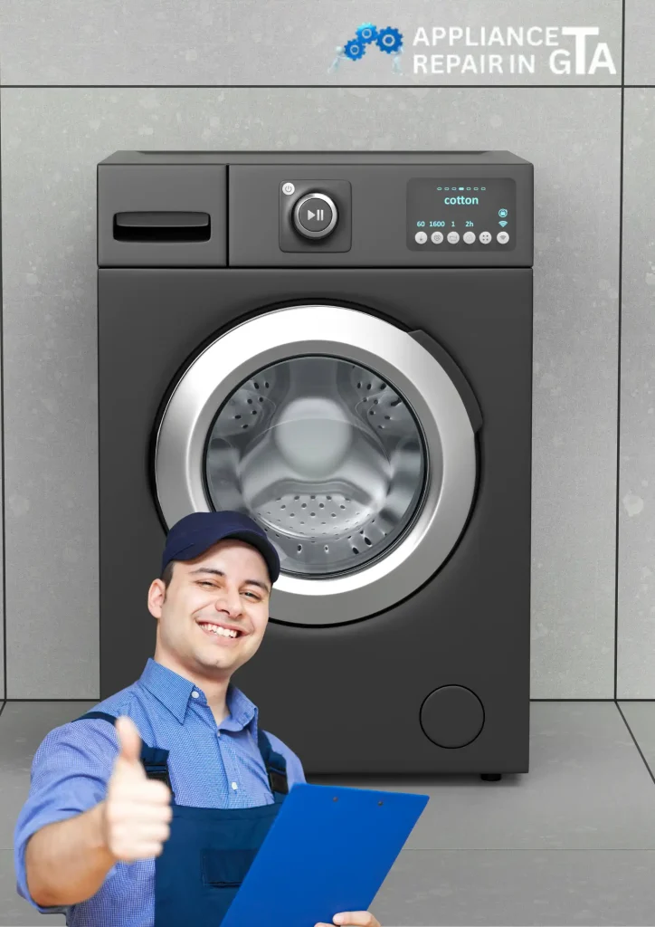 Appliance technician repairing washing machine control panel in Toronto home.