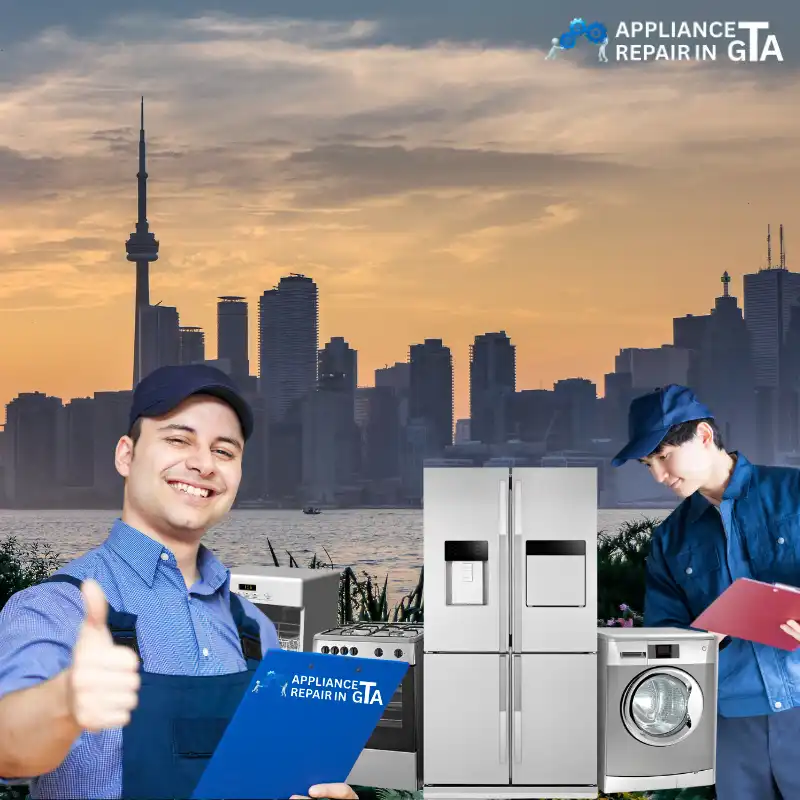 Appliance repair technicians in Toronto GTA with fridge, washer, and city skyline background.