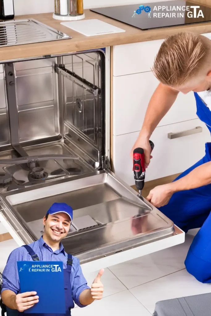Professional dishwasher repair service technician inspecting clogged filter and pump system in GTA.
