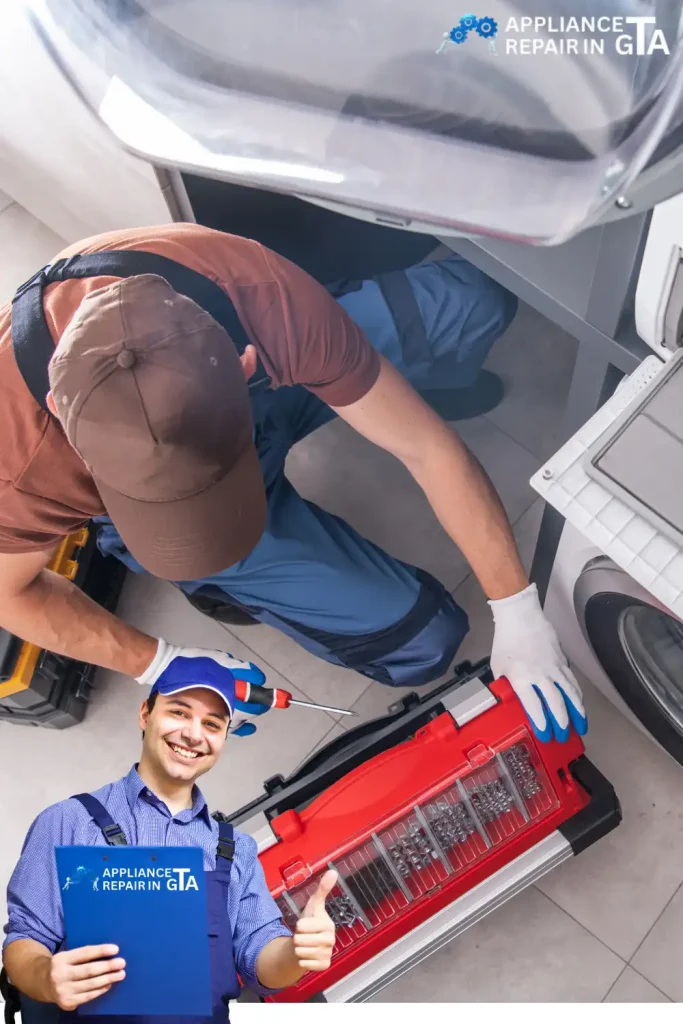 Appliance repair expert fixing dryer vent and lint filter during home service in North York.
