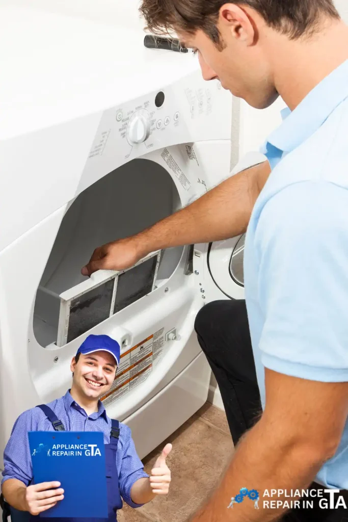 Dryer repair professional inspecting control panel and heating system in Toronto GTA home.