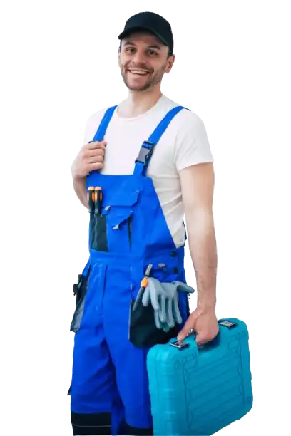 Smiling appliance repair technician in Ajax holding toolbox.