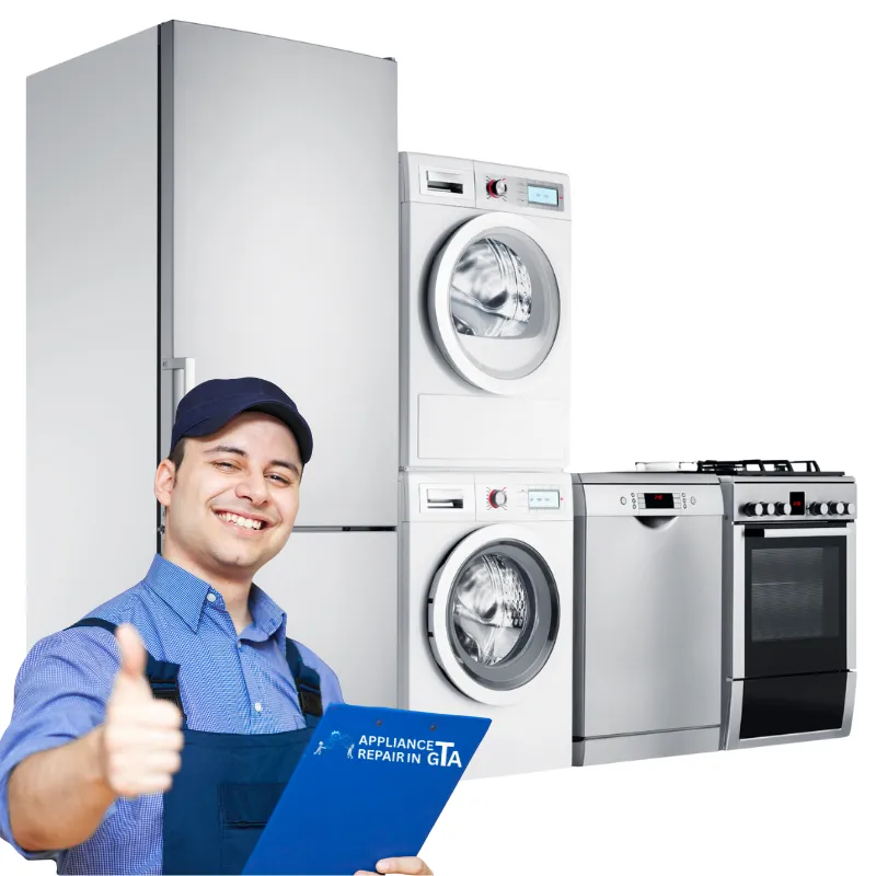 Scarborough appliance repair technician standing beside a fridge, washing machine, and dryer.