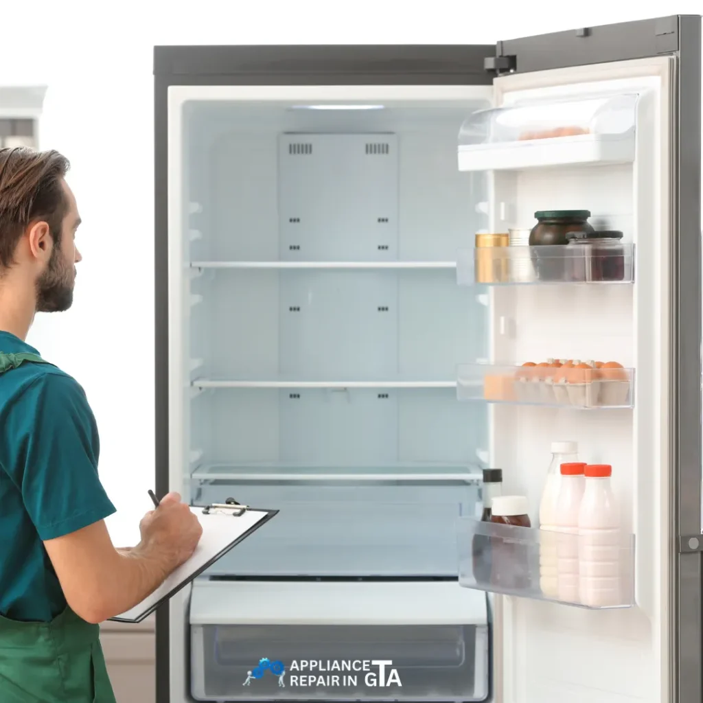 Fridge repair technician inspecting and diagnosing refrigerator issues in Richmond Hill.