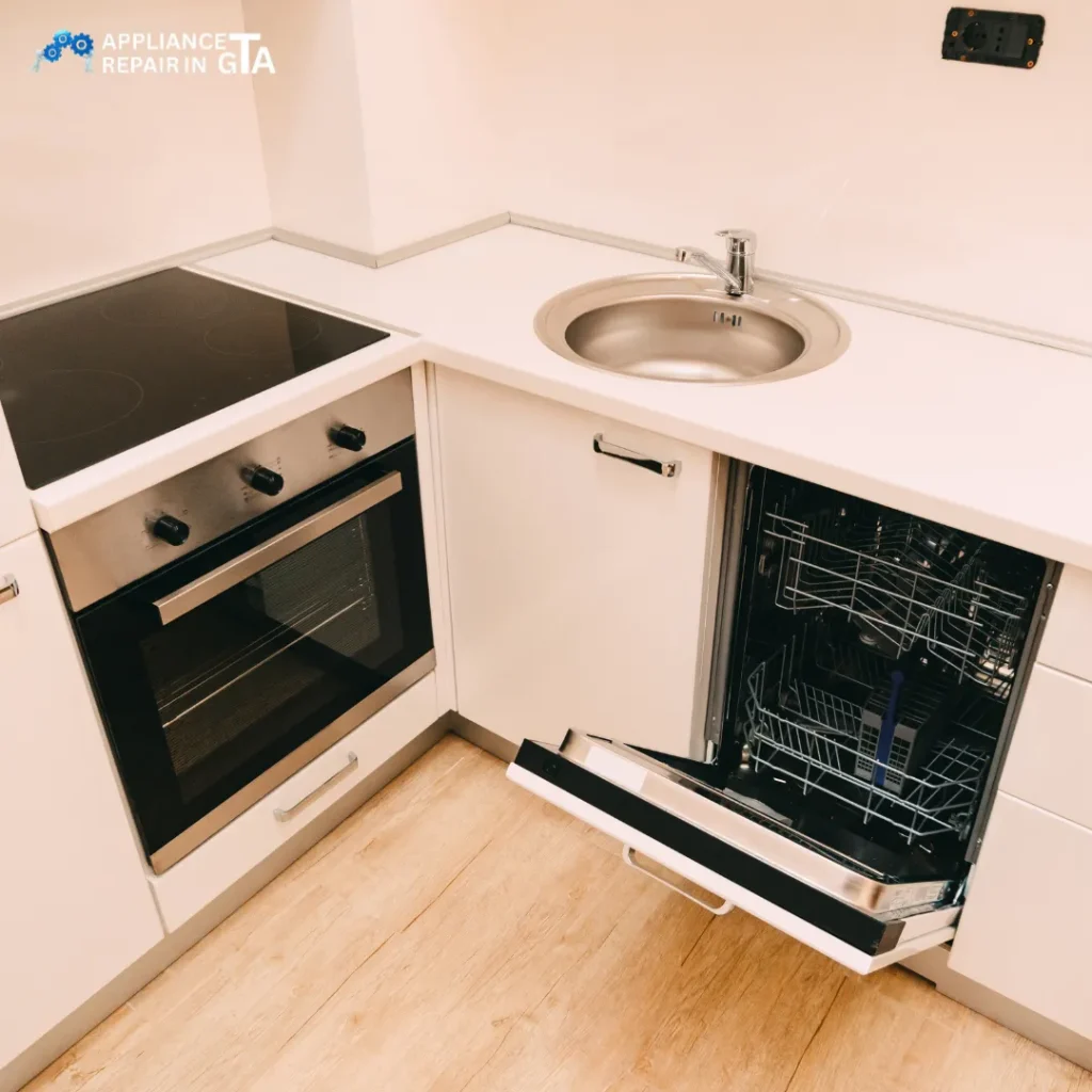 Open dishwasher being inspected for repair in a Richmond Hill kitchen.