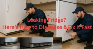 Technician fixing a leaking refrigerator in a home kitchen – professional fridge repair service in Toronto, Mississauga, Vaughan, North York, Ajax, and GTA