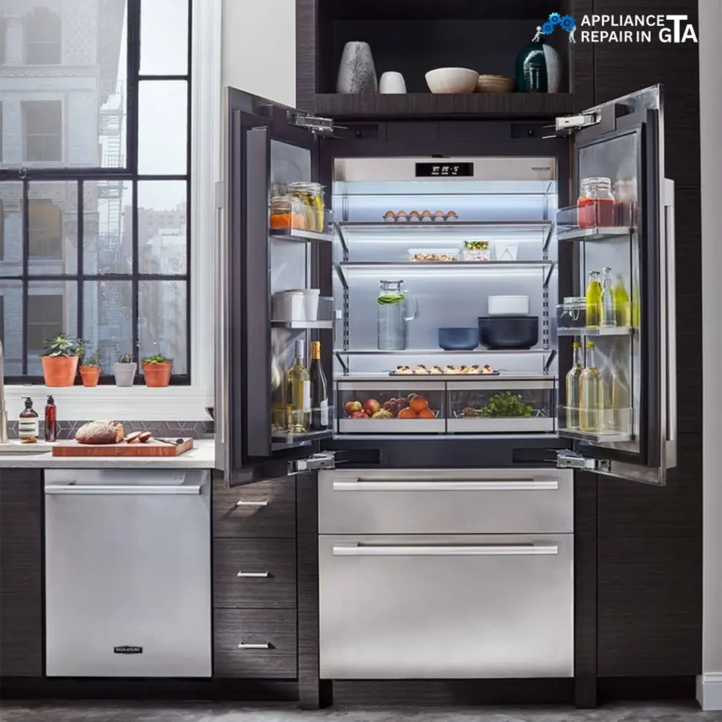 Open stainless steel fridge showing shelves and food storage during a refrigerator repair service in Markham.