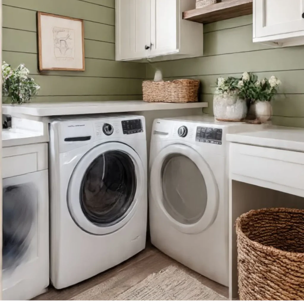 Front-load washer and dryer in a laundry room representing washing machine and dryer repair in Markham.