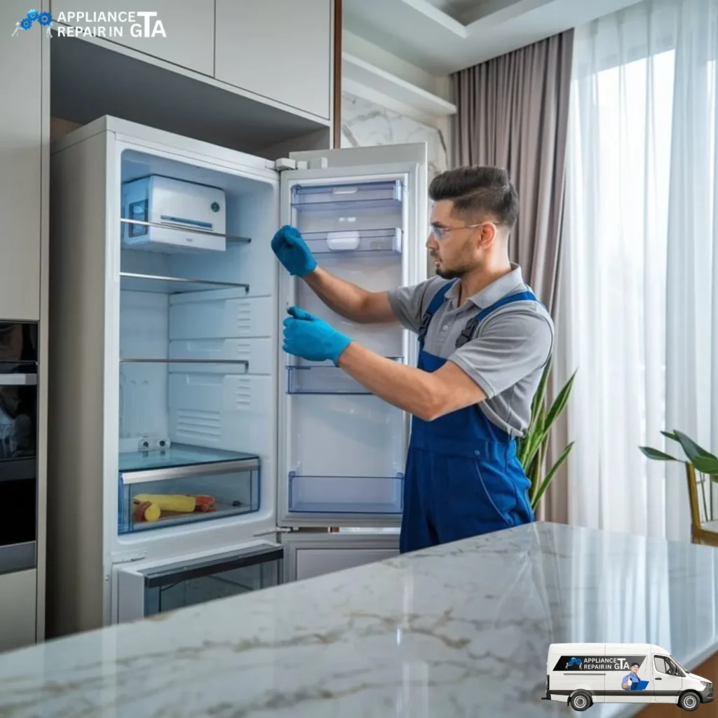 Professional technician repairing a refrigerator in a Markham home using tools and protective gloves.