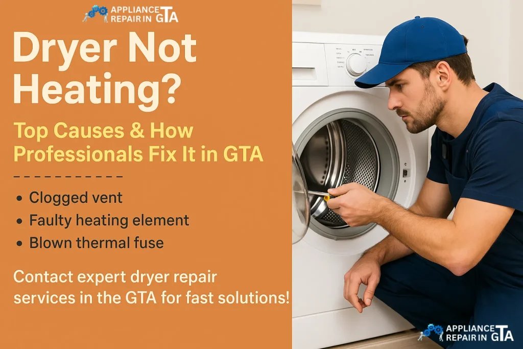 Technician repairing a clothes dryer in Toronto, GTA. Expert dryer repair services for clogged vents, faulty heating elements, and blown thermal fuses.