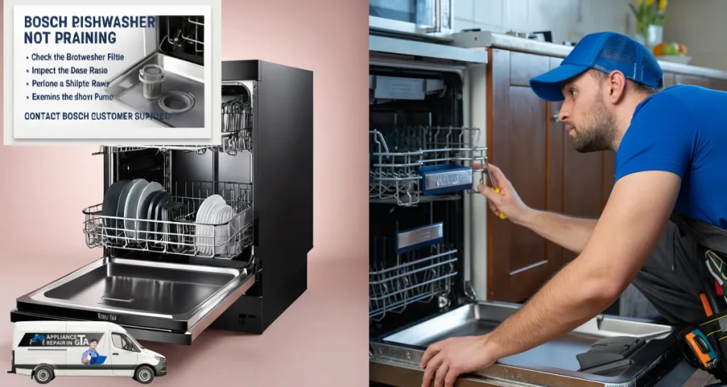 Bosch dishwasher with troubleshooting guide for draining issues and a technician repairing a dishwasher.