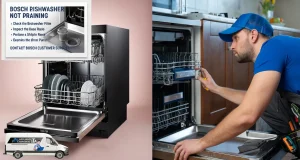 Bosch dishwasher with troubleshooting guide for draining issues and a technician repairing a dishwasher.