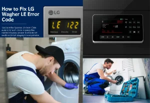 Collage showing an LG washer control panel with the LE error code on the display and technicians inspecting a front-load washing machine, illustrating how to fix the LG washer LE error code.