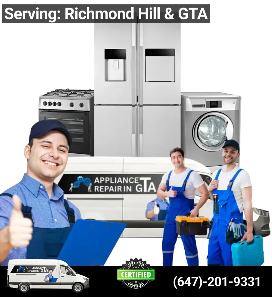 Professional appliance repair Richmond Hill team with service van repairing fridge, washer, dryer, oven, and dishwasher.