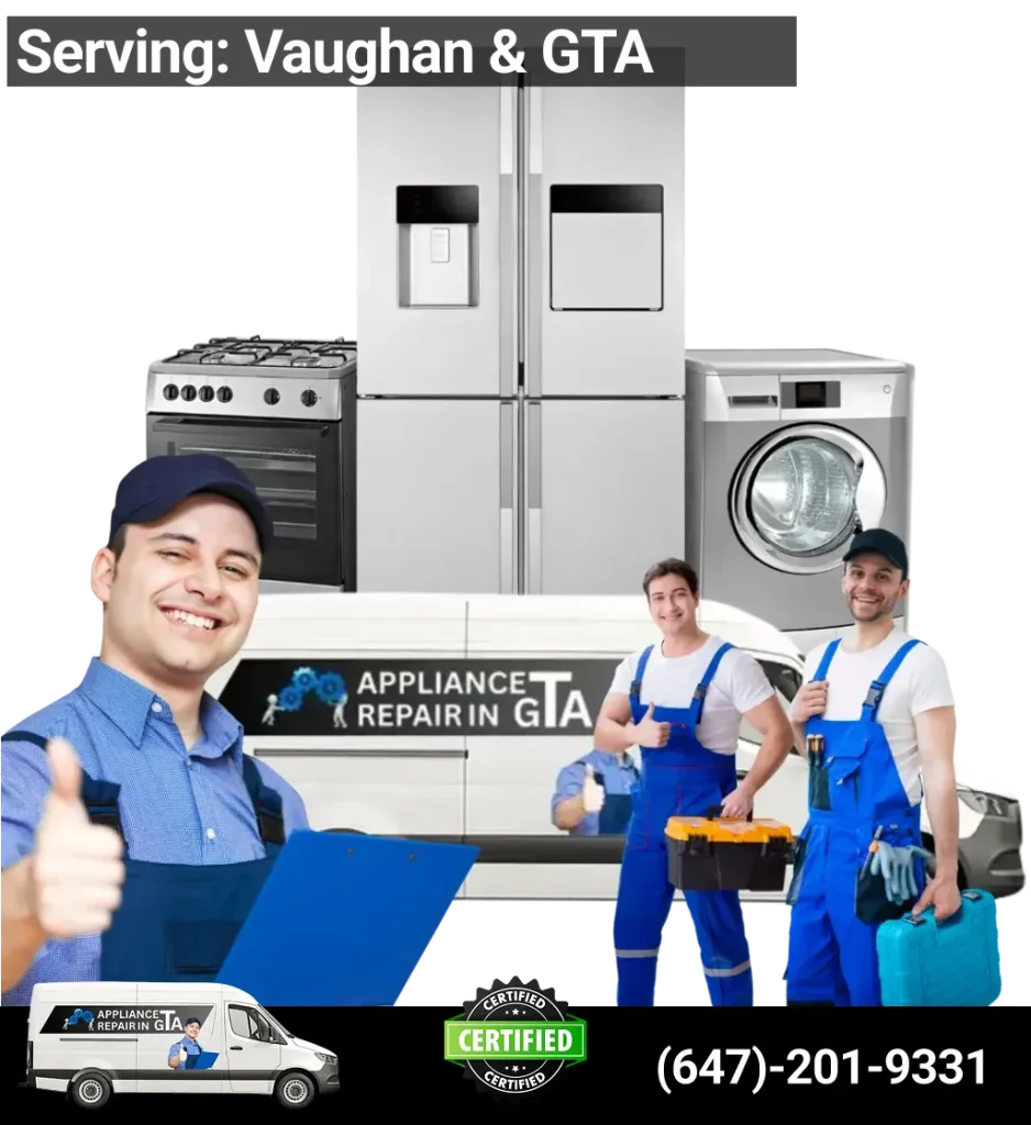 Professional appliance repair Vaughan team with service van repairing fridge, washer, dryer, oven, and dishwasher.