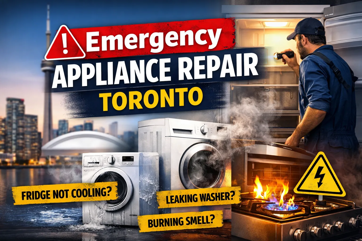 Emergency appliance repair near me in Toronto showing technician fixing refrigerator, leaking washer, and gas stove issue