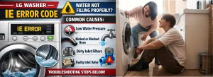 LG washer IE error code troubleshooting infographic with common causes and repair tips.