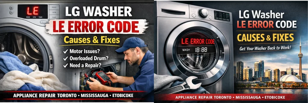 LG front-load washing machine showing LE error code with a technician inspecting the motor, towels inside the drum, and text highlighting causes and fixes for appliance repair in Toronto, Mississauga, and Etobicoke.