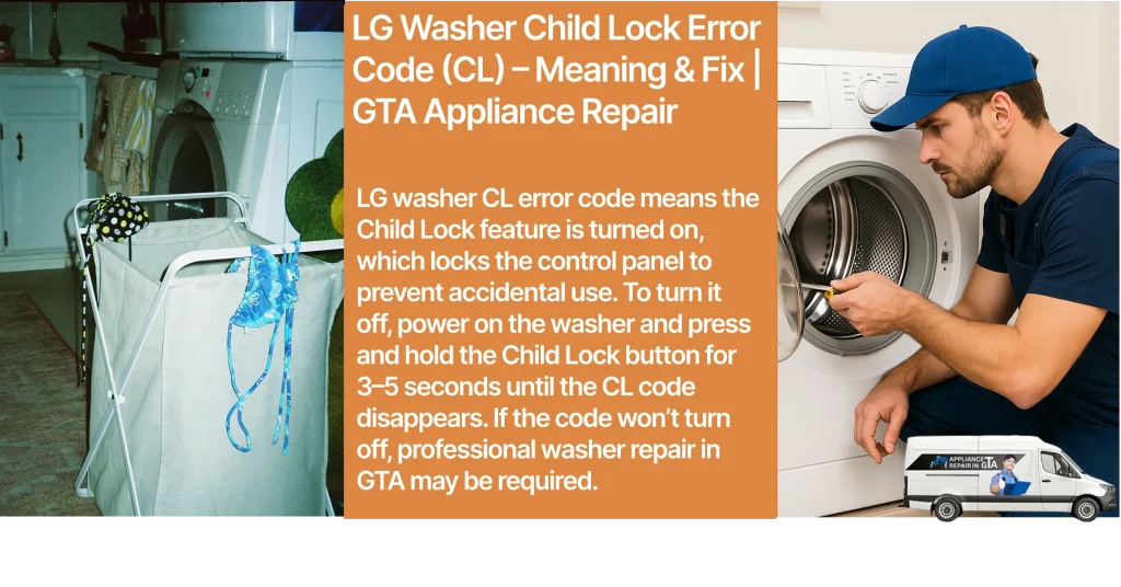 LG washing machine showing Child Lock CL error code with control panel locked, professional LG washer repair service in Toronto and GTA