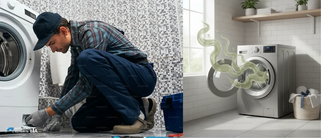 Front load washer smells like sewage as a technician repairs a washing machine in a Toronto GTA home