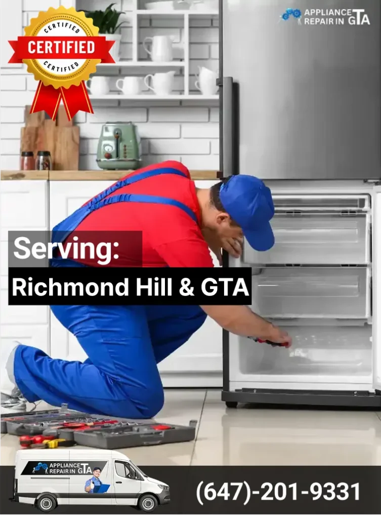 Certified appliance repair technician repairing a refrigerator in Richmond Hill, providing professional appliance repair services.
