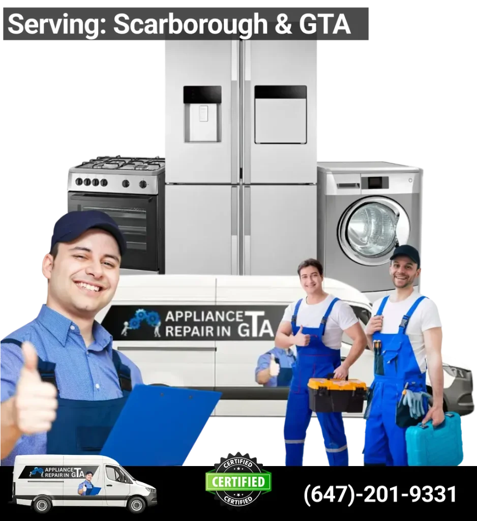 Professional appliance repair Scarborough team with service van repairing fridge, washer, dryer, oven, and dishwasher.