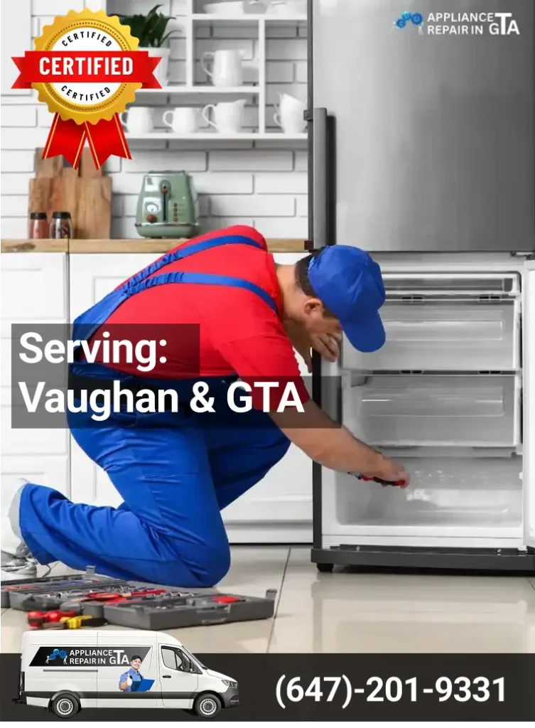 Certified appliance repair technician repairing a refrigerator in Vaughan, providing professional appliance repair services.