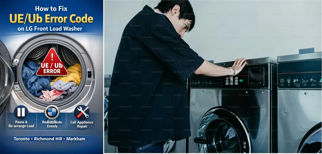 Close-up of an LG front-load washer displaying the UE/Ub error code with unbalanced laundry inside, along with icons for troubleshooting steps: pause, redistribute evenly, and call appliance repair. Includes local keywords: Toronto, Richmond Hill, Markham.