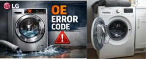 A modern LG front-load washer displaying the "OE" error code in bright orange, with water leaking from the hose and pooling on the floor. A red warning triangle is visible beside the error message, creating a dramatic scene.