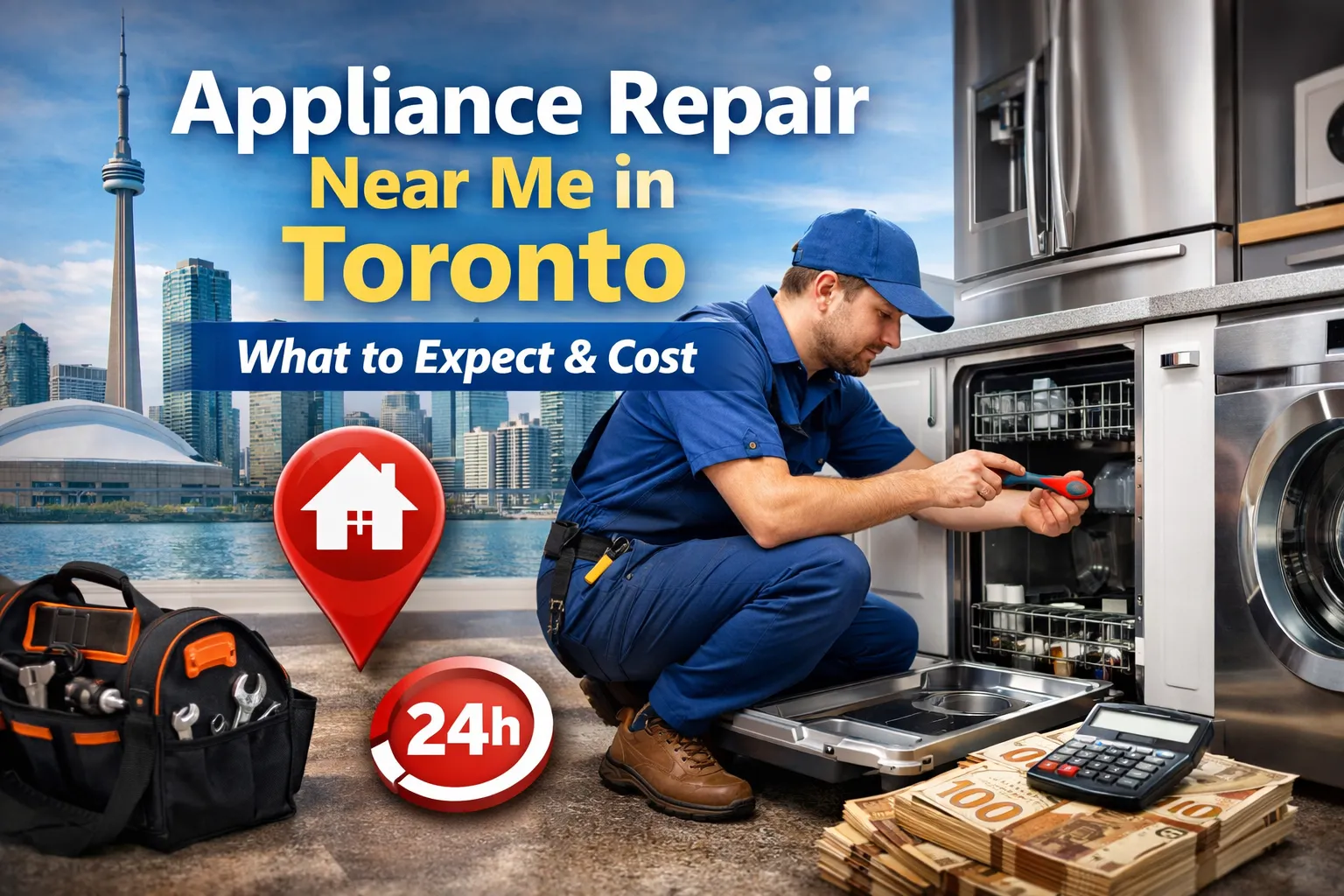 Appliance repair technician fixing a dishwasher in a Toronto home, offering appliance repair near me in Toronto with same-day service and transparent pricing.
